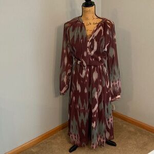 NWT Semi Sheer Maxi Dress Glitter Thread Sheer Long Sleeves Maroon Women Size L